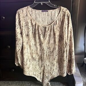Cream, Brown & Olive Green Long Sleeve Tie Front Blouse